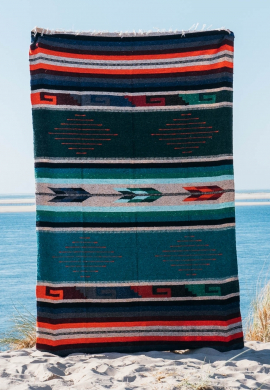 Mexican blanket or beach rug in teal and earth tones and tribal patterns