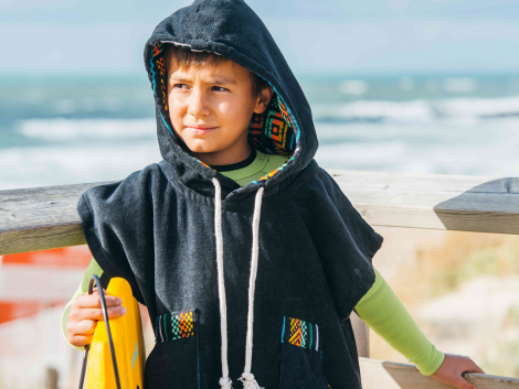 Black Kid Surf Poncho Hooded Towel / Tribal Pattern