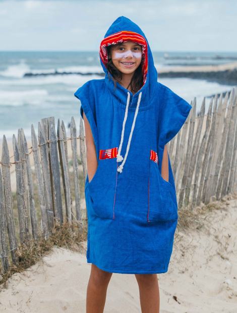French Blue Kid Surf Poncho/Red Patterns
