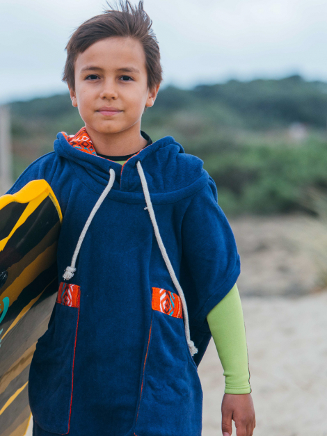 Navy Blue Kid Surf Poncho/Orange Tribal Pattern