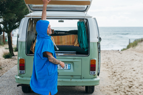 French Blue Towel Surf Poncho / Green tribal patterns
