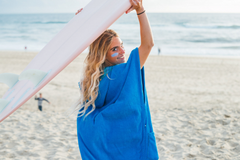 French Blue Towel Surf Poncho / Sky Blue Striped Fabric