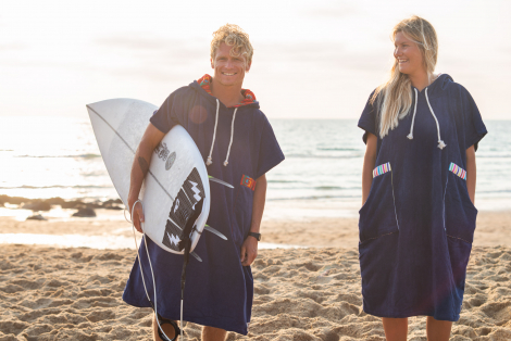 Ocean Blue Towel Surf Poncho / White Striped Fabric