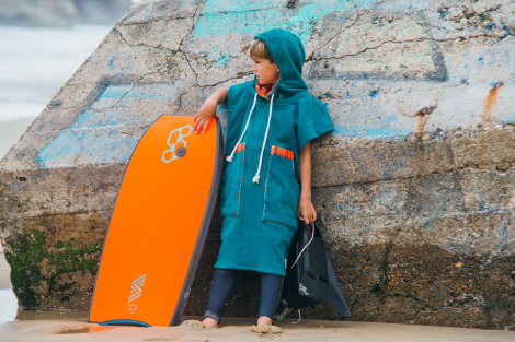 Forest Green Kid Surf Poncho Hooded Towel / Orange Tribal Patterns