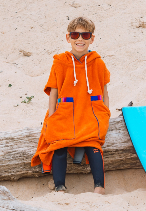 Orange Kid Surf Poncho Hooded Towel / Rainbow fabric