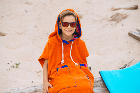Orange Kid Surf Poncho Hooded Towel / Rainbow fabric