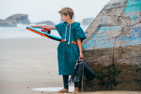 Forest Green Kid Surf Poncho Hooded Towel / Orange Tribal Patterns
