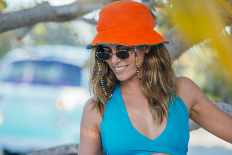 Coral Orange Towel Bucket Hat with Blue Tribal Lining