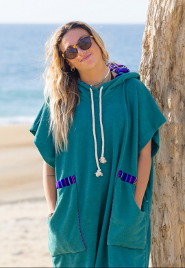 Surf girl with green cotton towel surf poncho