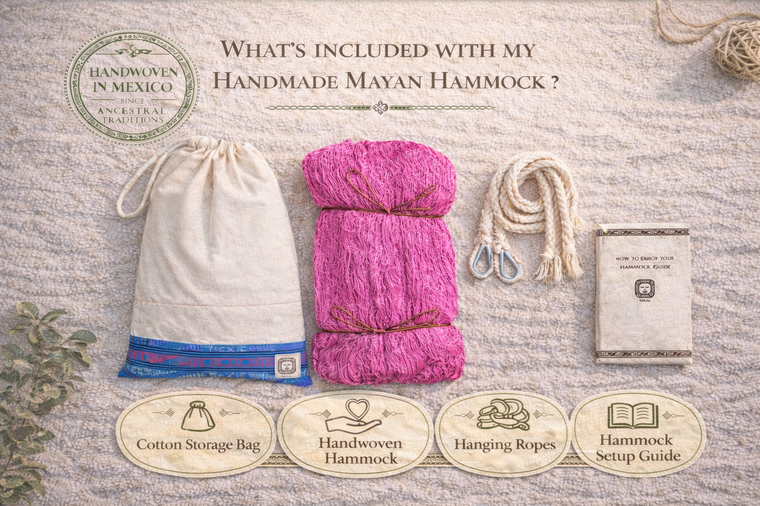 Hammock-Pack-Composition_Pink-hammock Hamac Maya Rose Flamingo - Tissé dans le Yucatan