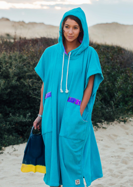 Caribbean Blue Towel Surf Poncho / Purple Tribal Pattern