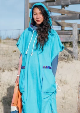 Caribbean Blue Towel Surf Poncho / Purple Tribal Pattern