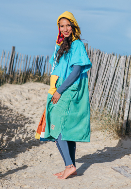Turquoise, Seaglass & Mango Tricolor Beach Poncho - Fuchsia Tribal Pattern