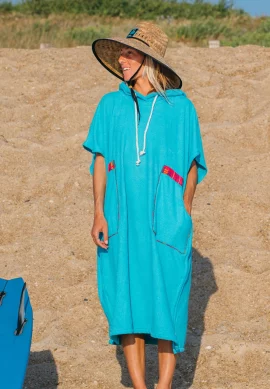 Poncho Eponge Coton Bleu Turquoise / Motif Tribal Fuchsia